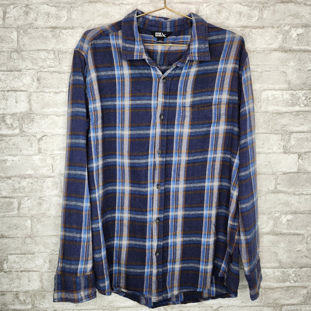 Eddie Bauer Plaid Flannel Shirt Blue Brown Long Sleeve Outdoor Cabin Large
